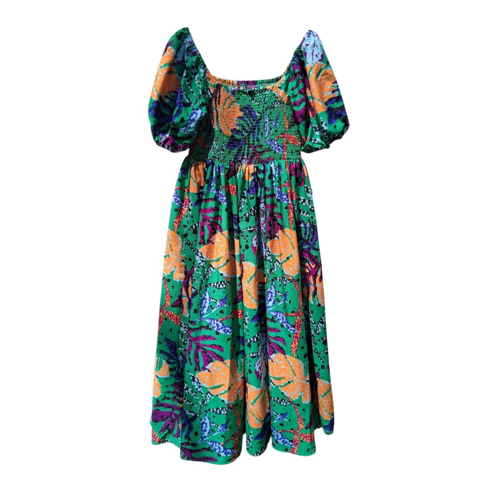 Cato Size Large Tropical Floral Smocked Puff Sleeve Dress - Green & Orange - Picture 2 of 4